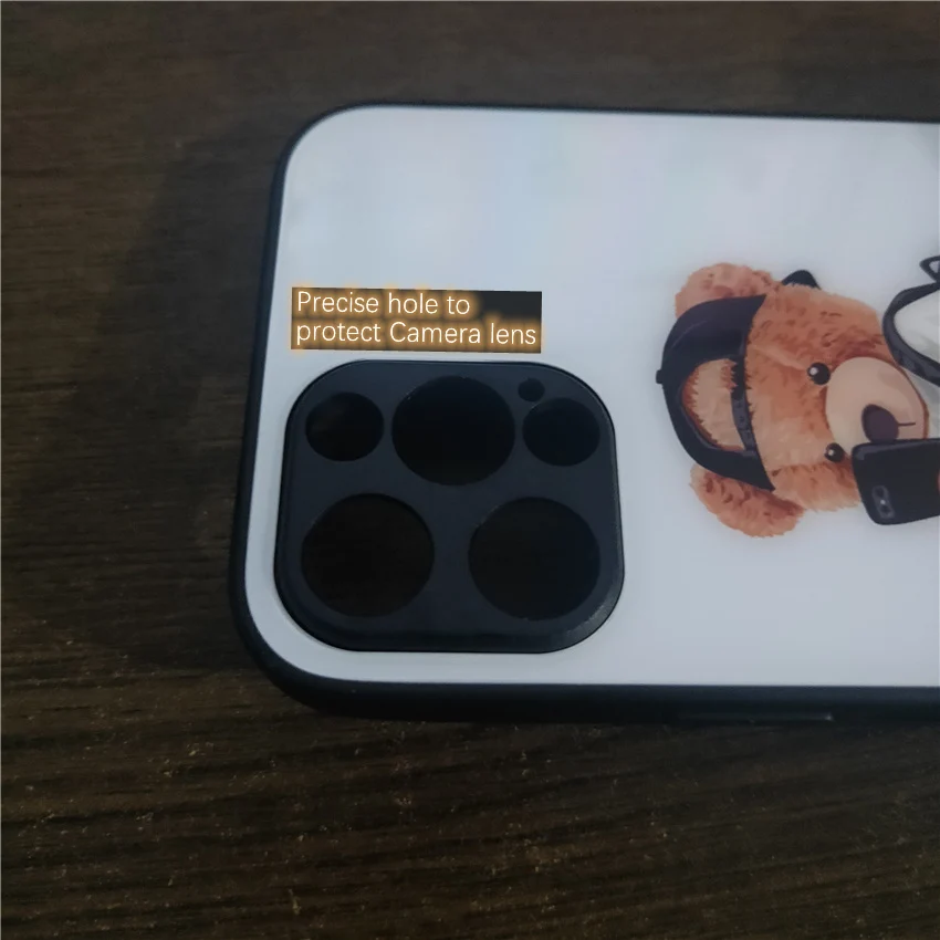 Милый чехол со светодиодной вспышкой 3D Bear для iPhone 13 Pro Max 11 12 16 Pro Xs Max X Xr 7 8 15 Plus SE Защита объектива Белая стеклянная задняя крышка