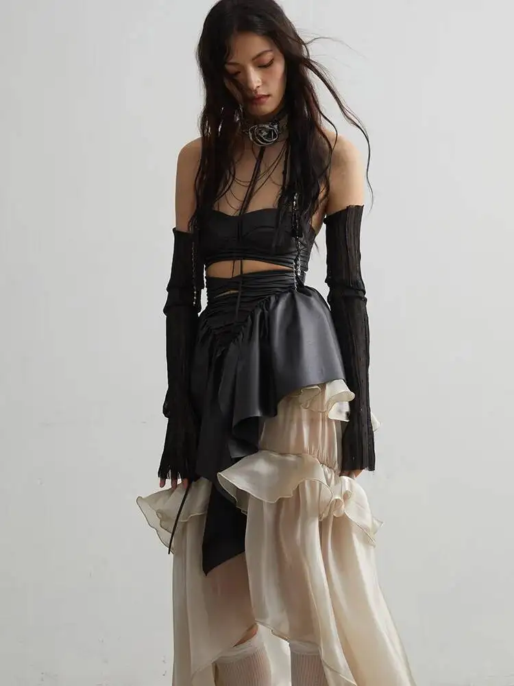 Irregular Women Black Pu Ruffles Elegant Tank Tops New Sleeveless Personality Fashion Spring Summer 2026 1DH63TC