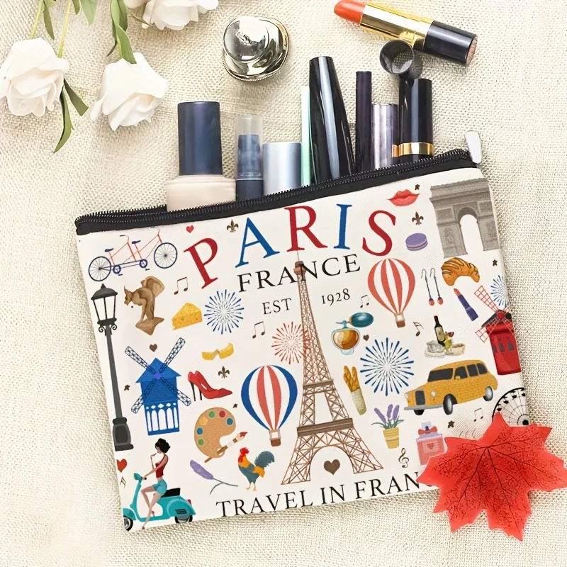 A Fashion Paris Makeup Bag - Cute Multi-functional Zipper Bag for Women, Jewelry Storage Bag, Perfect Travel Zipper Small Storag