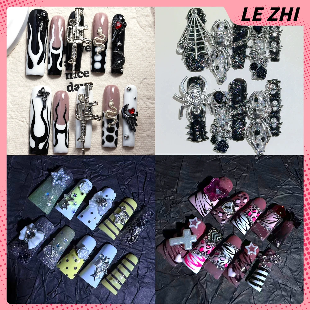 

10Pcs Spice Girl Hello Kitty Handmade Long Coffin Stilettos Duckbill Press On Nails Snake Spider Flower Rivets Diamond Fake Nail