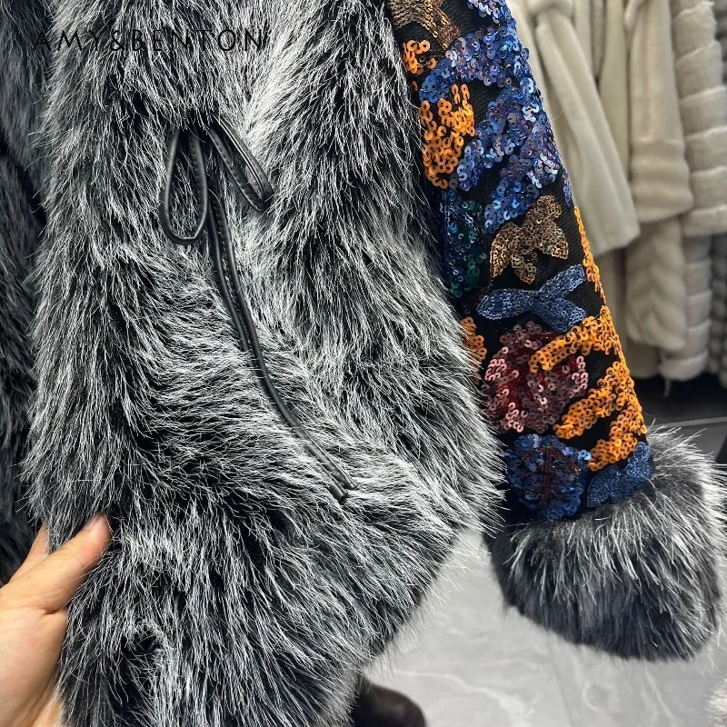 Comfortable Elegant Soft Warm Faux Fur Jacket 2025 Winter Jacket Heavy Industry Colorful Sequin Y2k Furry Coat Outerwear Ladies