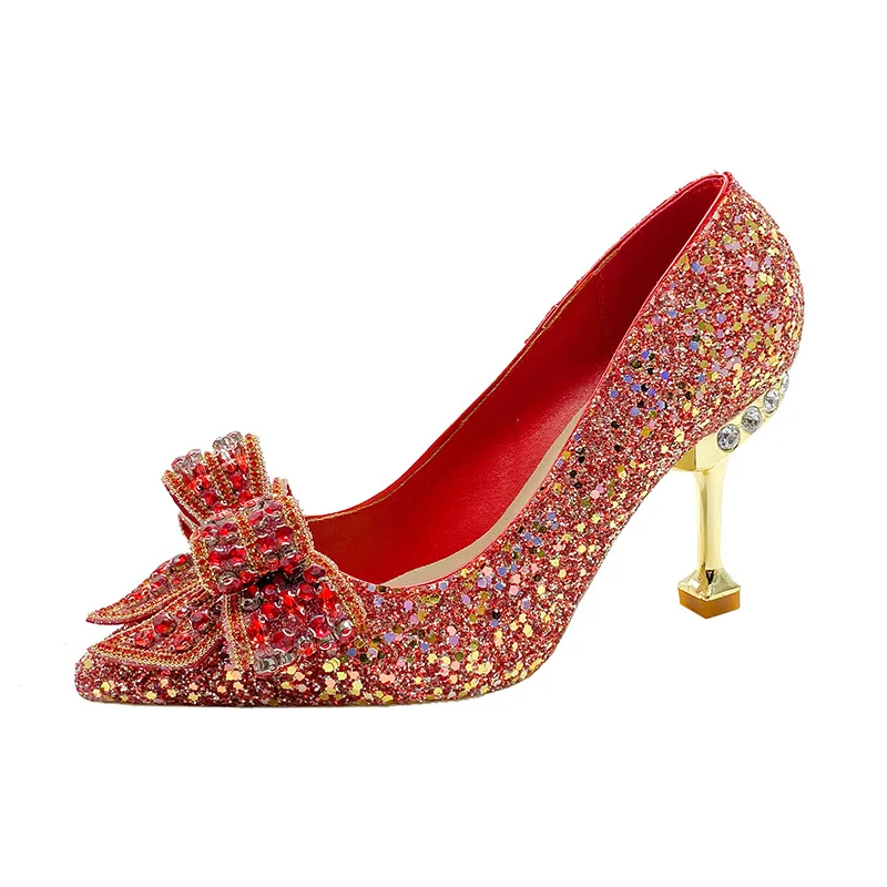Red Women's Rhinestone Wedding Shoes Year Shoes Luxury Buckle Decorative Banquet Women's Shoes High Heels Bow tie Heels Shoes
