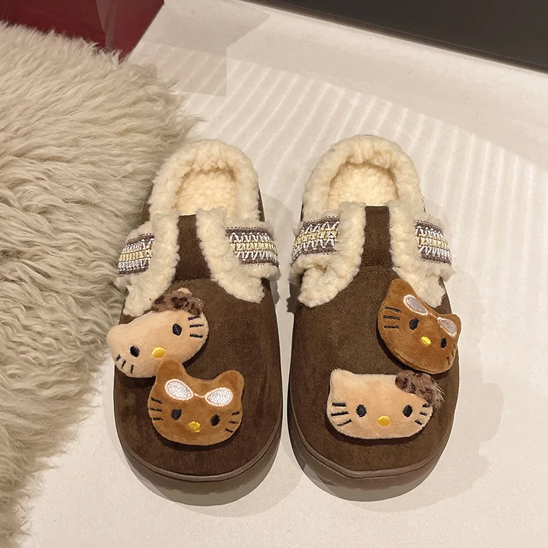 Sanrio Hello Kitty winter thick-soled plush bag head cotton slippers women cute outer wear casual warm home fluffy cotton shoes