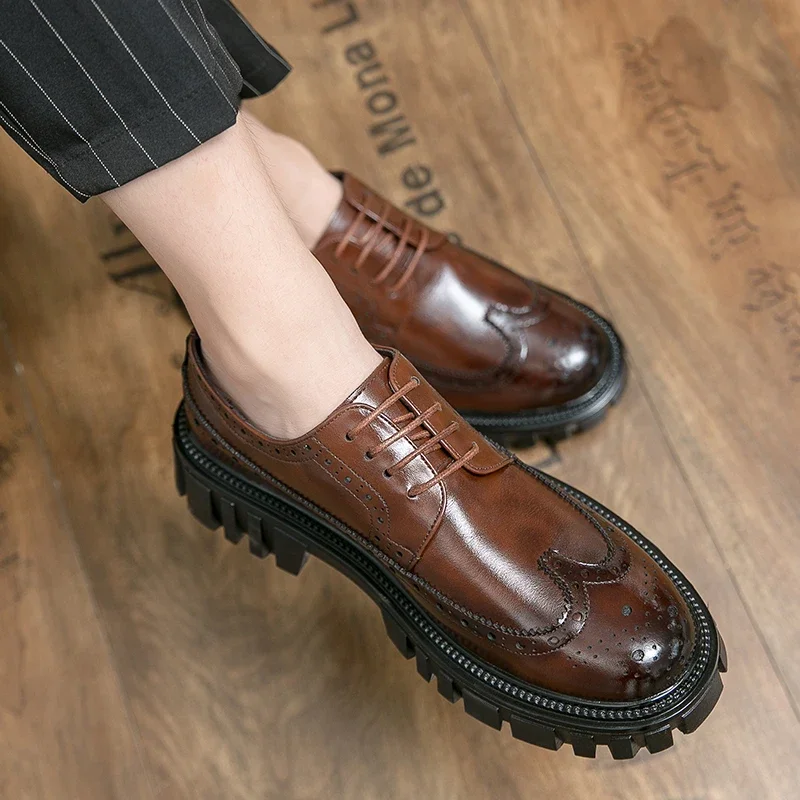 Spring Men Formal Business Thick Soled Lace-up Oxford Shoes Luxury Men's Dress Shoes Male Casual Leather Wedding Party Loafers