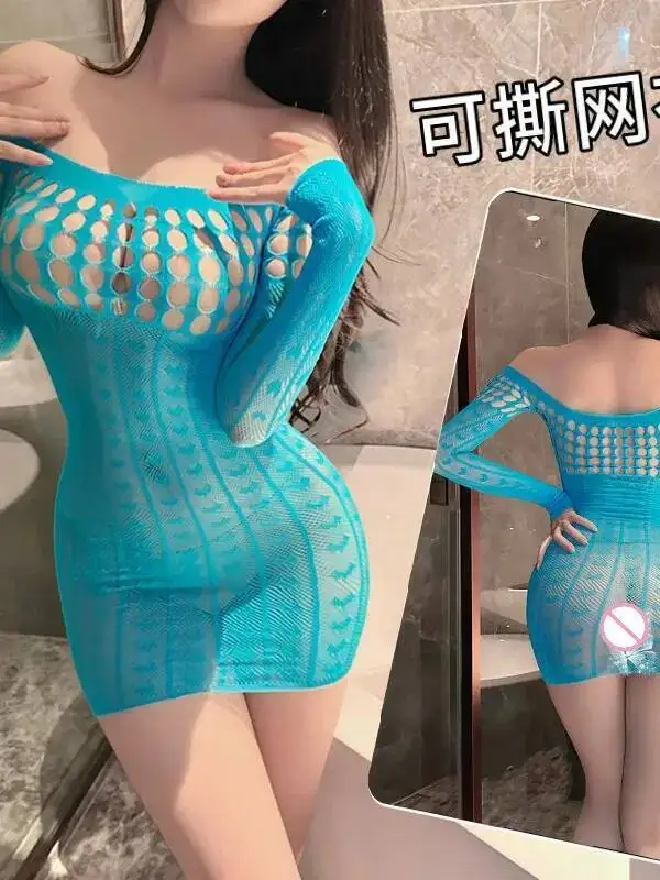 Sexy Camisole Hollowed Out Crotch Hollowed Out Mesh Dress Elegant Blue Mesh Lace Sheer Sexy Korean Women Mini Dress Tops 5O0P