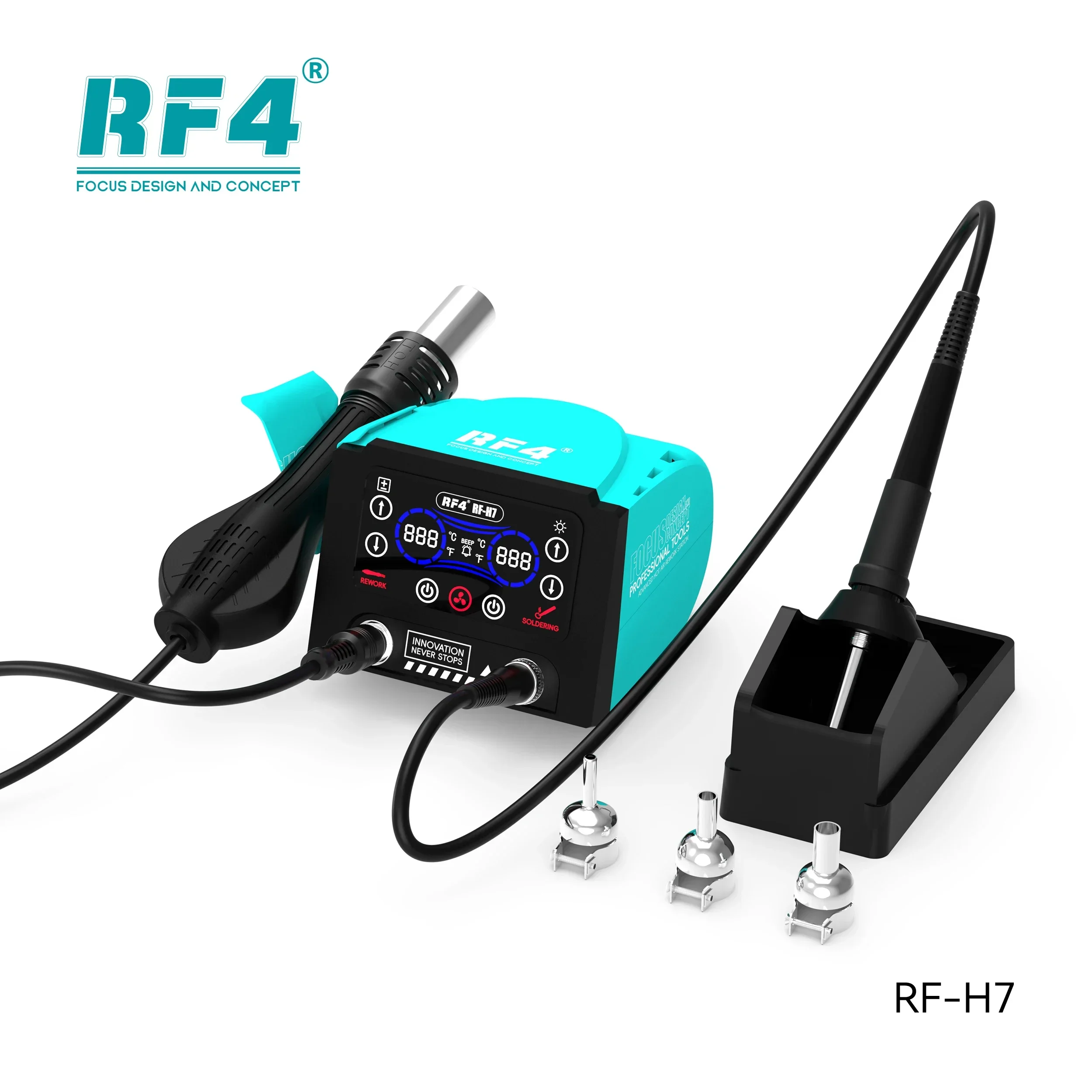 RF4 RF-H7 2 IN 1 Hot Air Welding Table Electric Soldering Iron Station 600W with Nozzles Intelligent Sleep Function 100-500℃