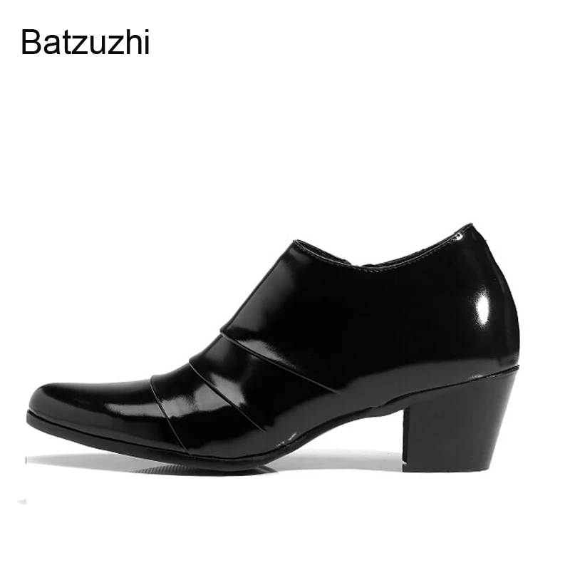 Batzuzhi 6CM High Heels Ankle Shoes Men Pointed Toe Zip Black Leather Shoes for Men Party/Wedding/Business, Sizes 37-44