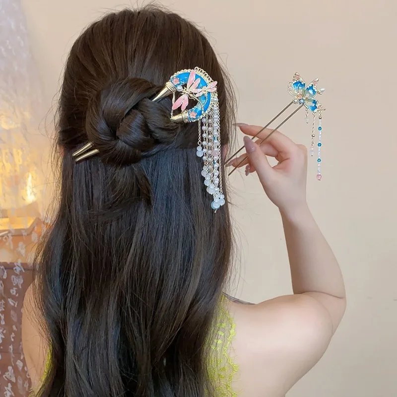 الأزرق الوردي النفط يقطر فراشة دبابيس الشعر للنساء الرجعية اليعسوب الزجاج شرابة U-شكل شوكة الشعر تقليد اللؤلؤ الشعر العصي V