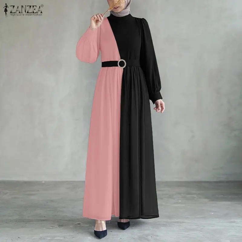 Muslim Hijabs Women's Contrast-Color Maxi Dress Elegant Modest Long Sleeve Belted A-Line Long Dresses Woman Ramadan Clothes 3XL