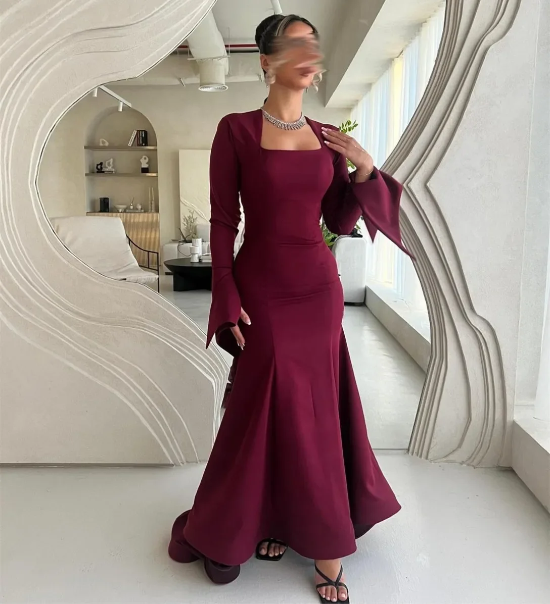 

Customized Elegant Long Sleeve Burgundy Evening Dresses Mermaid Square Neck Sweep Train Prom Dresses Muslim Party Dresses for Wo