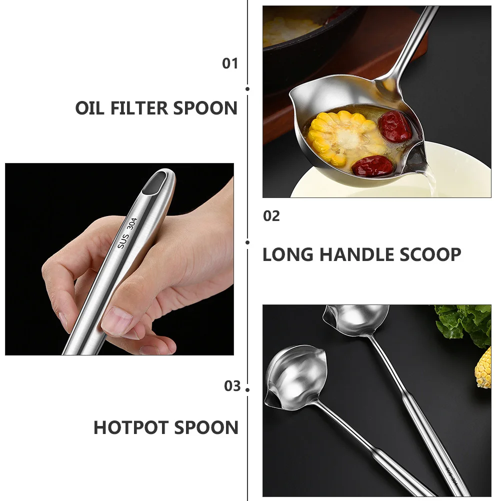

Stainless Steel Oil Filter Spoon Long Handle Scoop Dishwasher Safe Anti Hot Thick Cooking Strainer Colander Hot Pot Soup
