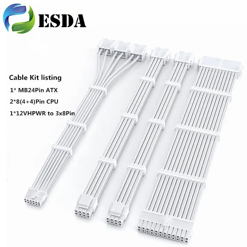 12VHPWR Cable Extension Kit Full White MB 24Pin ATX Dual CPU EPS 8Pin 4+4-Pin 16Pin to 3x8Pin GPU Cable with Free Cable Combs