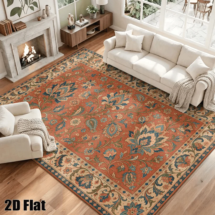 1Pc European Vintage Curling Grass Floral Carpet, Machine Washable, Warm Home Decor, Fits Retro Style Home, Suitable for Living Room, Bedroom, Entryway, Office, Corridor and Other Areas