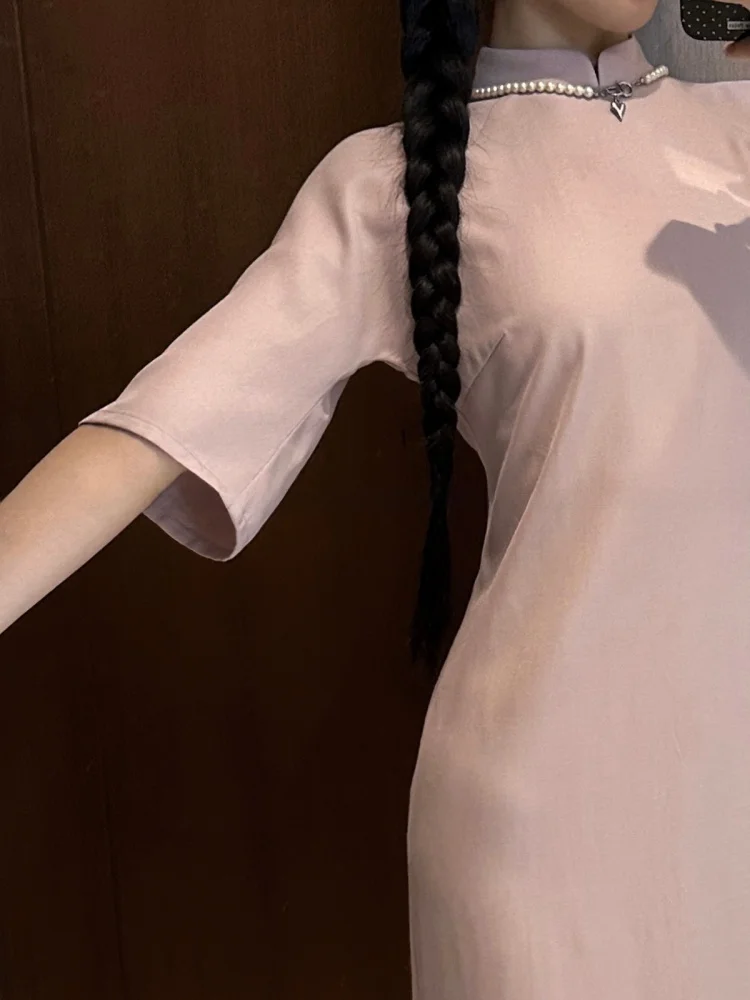 

Xu Zhi Xing Summer Pink ort Sve Dr Simple Sle Long Qipao Skirt Low Slit Daily Wear Chinese Brand