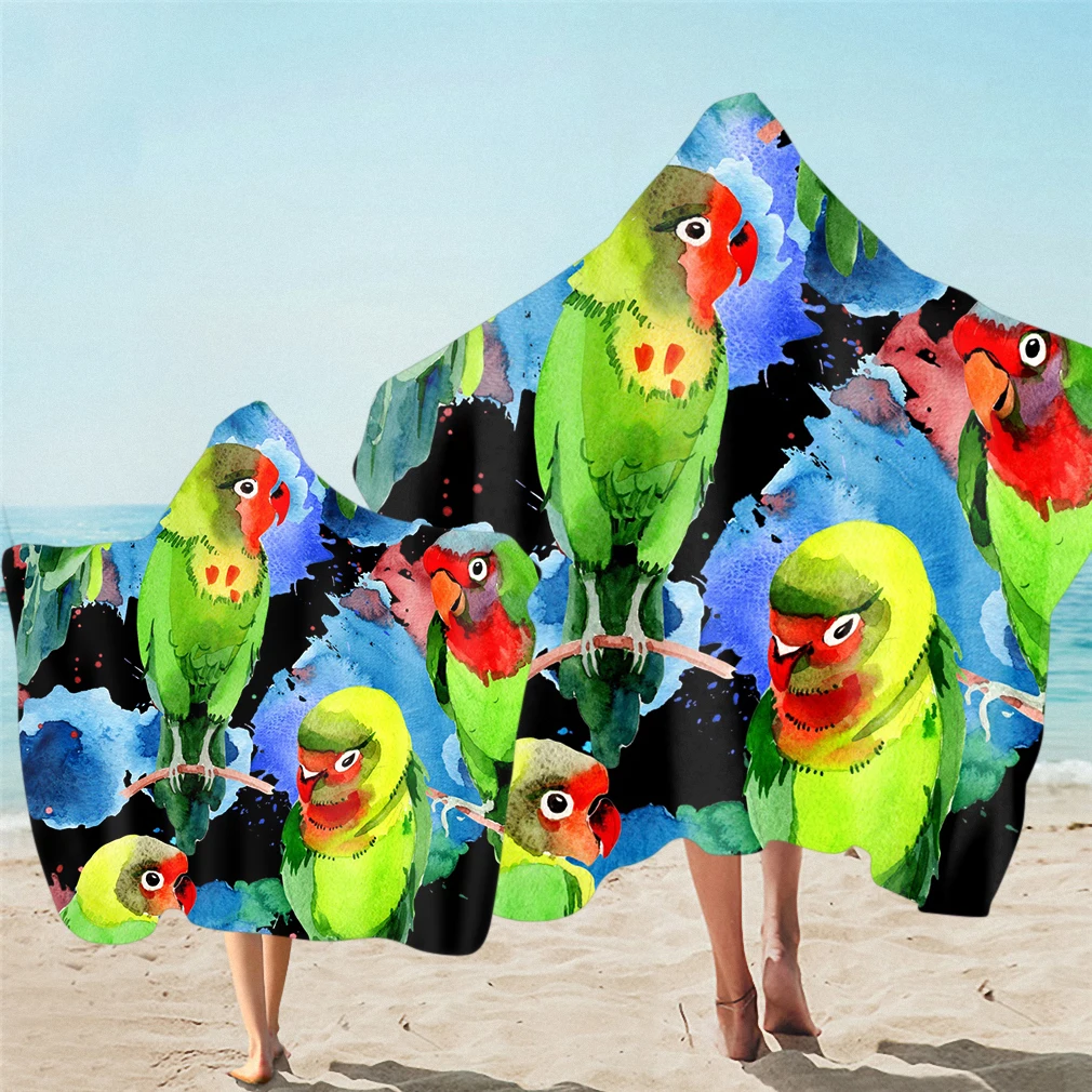 Hooded Beach Towel for Adult and Kid,Tropical Flower Leaves,Parrot,Toucan Bird,Swim,Surf,Sports,Gym, Spa, Sauna, Drop Shipping