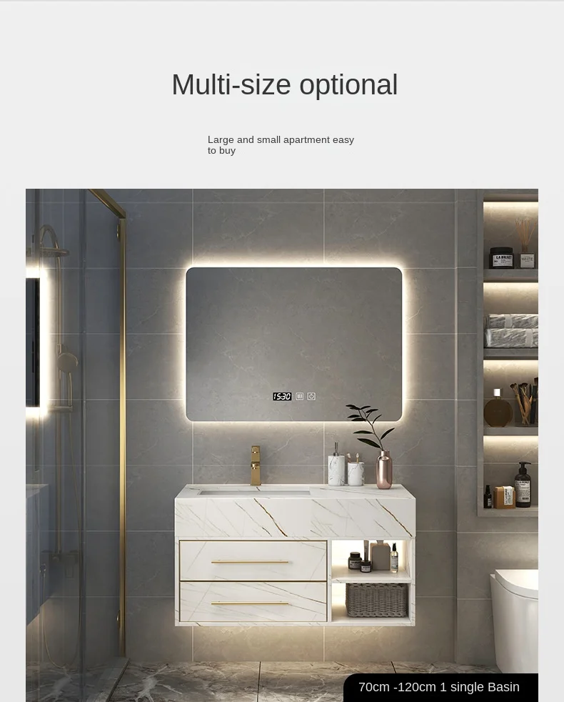 Armário de banheiro de luxo com luz moderna, bancada de granito artificial, espelho inteligente, durável, resistente à água, 5 anos de garantia