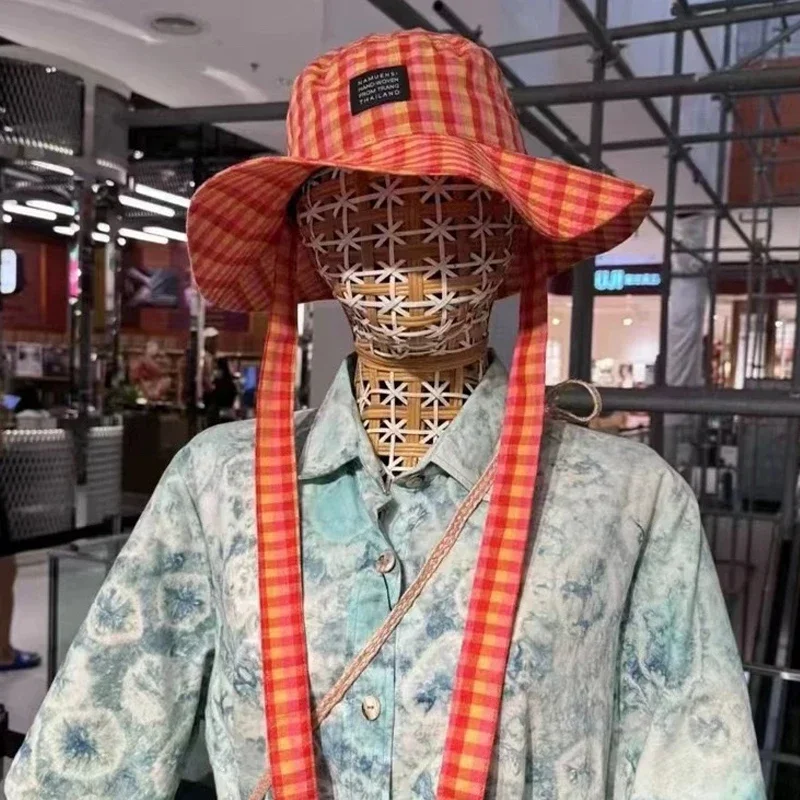 Ins Blogger Retro Plaid Tie Strap Bucket Hat Women Summer Travel Versatile Fisherman Hat Girls Fashion Popular Wide Brim Sun Cap
