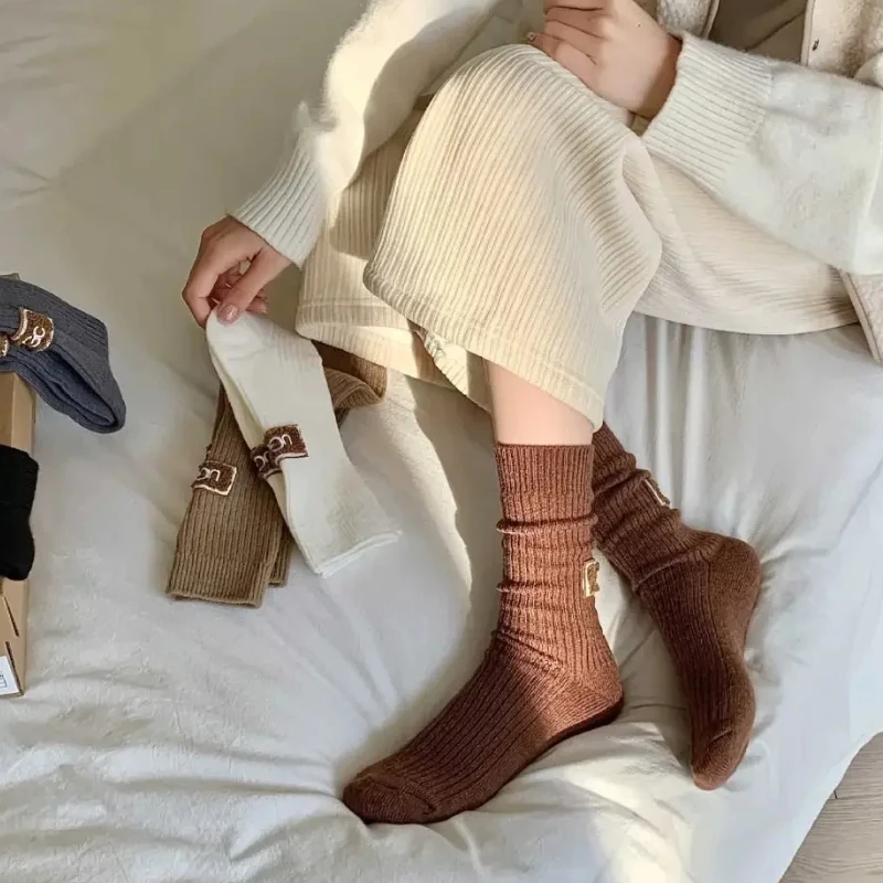 

Ins Middle Tube Mid-Tube Socks Keep Warm Knitted Snow Boot Socks Solid Color Heel Furry Label Women Socks Winter