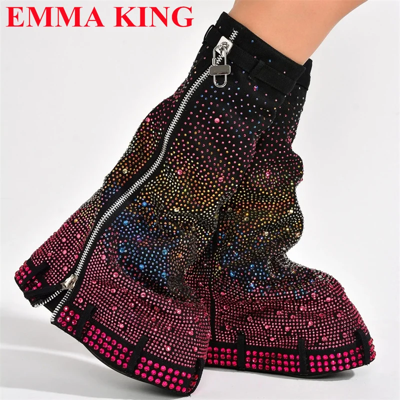 Luxury Designer Lock Crystal Thick Sole Mid Calf Boots Woman Platform Round Toe Long Womens Boots Winter Side Zipper Party Shoes
