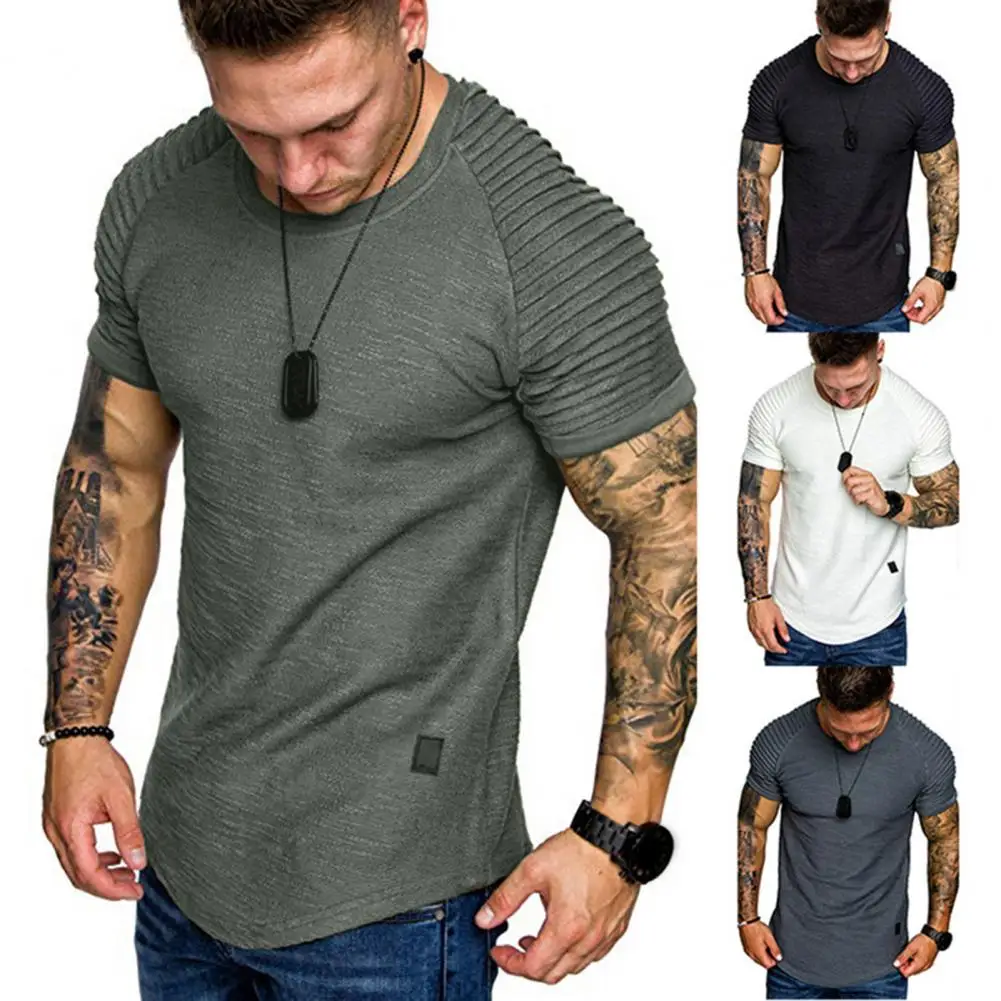 Men Cotton Blend T-shirt Men\'s Summer Pleated Wrinkled Raglan T-shirt Slim Fit Solid Color Pullover Tops for Streetwear Style