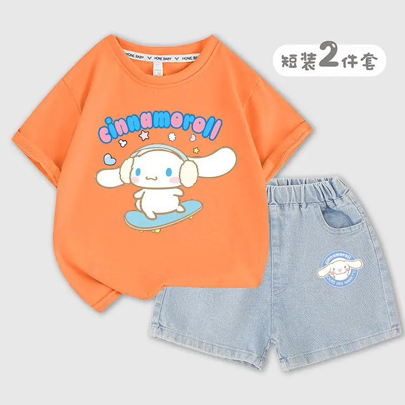 Sanrio Kawaii Anime Cinnamoroll Kids Set Cute Cartoon New Summer Casual Short Sleeve Denim Shorts Two-Piece Set Birthday Gift