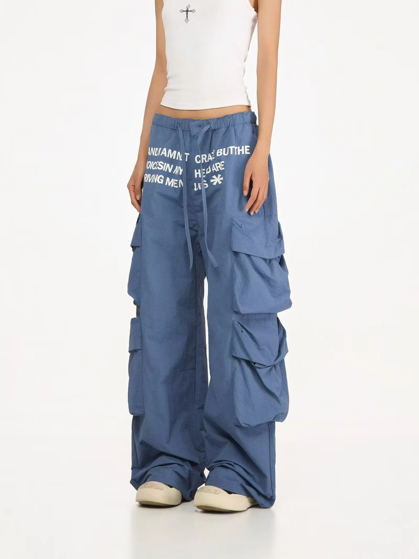 Summer Thin American Style Letter Print Work Pants Unisex Streetwear Multi-Pocket Trendy Casual Trousers for Couples