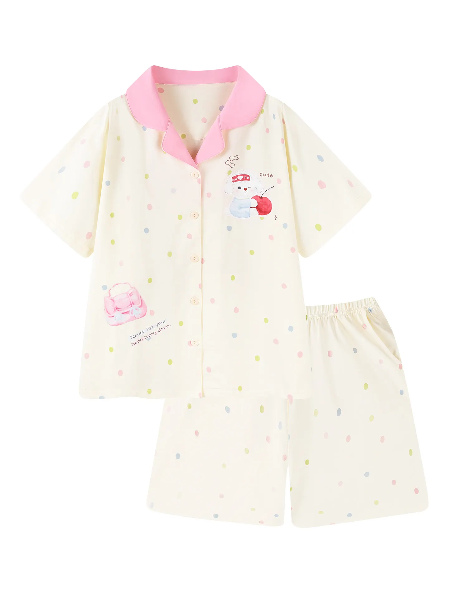 Women Summer 2pcs Cotton Pajama Set Short Sleeve Top Elastic Shorts Cute Cartoon Dog Colorful Polka Dot Breathable Loungewear view 6