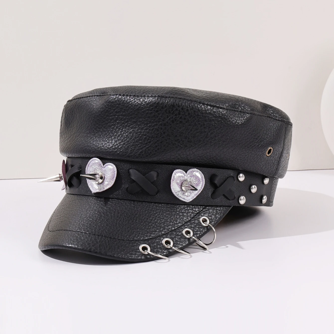 الظلام فاسق نمط برشام بو الجلود القبعات الإناث شخصية الجلود مشبك الرجعية الشارع مثمنة قبعة قبعة مسطحة #2
