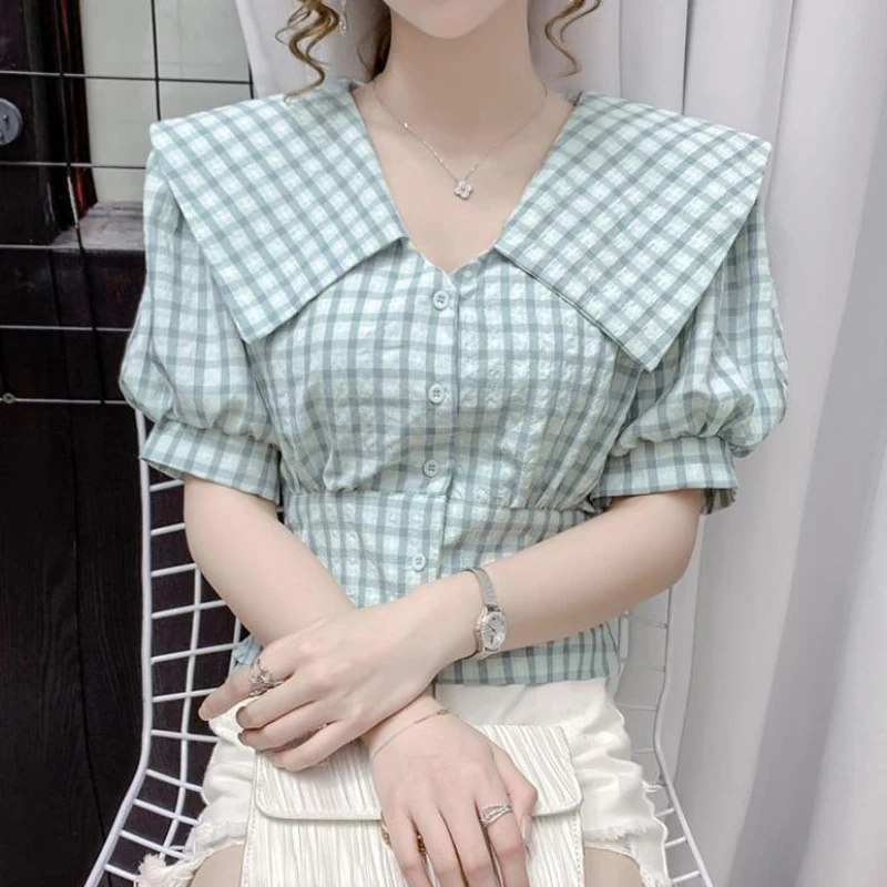 Sweet Plaid Short Shirt Tops Summer New Short Sleeve Slim Youth All-match Fashion Blouse Elegant Temperament Women Clothing