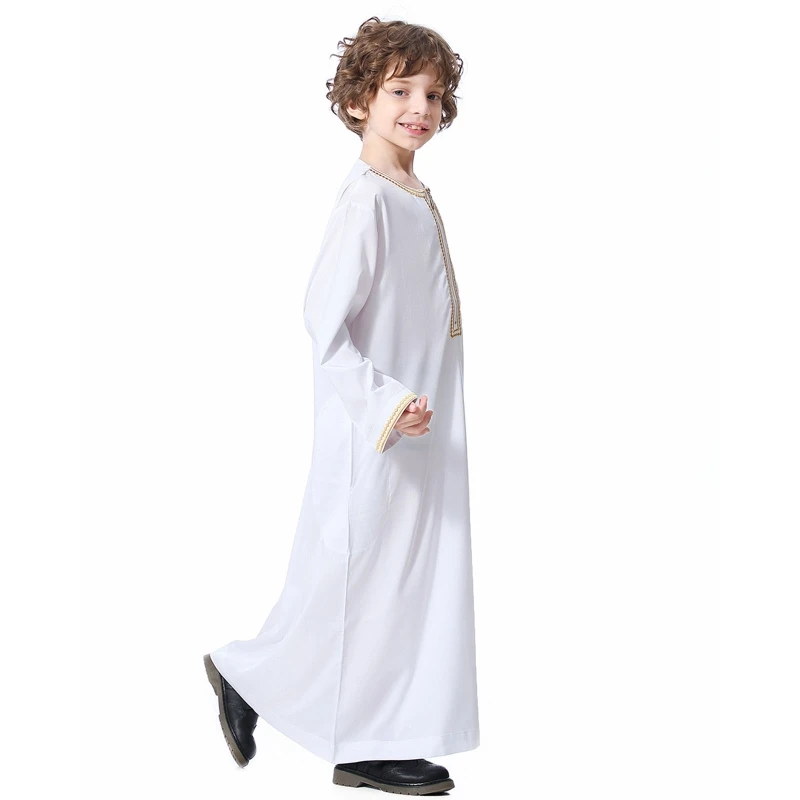 Bata musulmana cómoda para niños, de manga larga con cuello redondo caftán, ropa musulmana para adolescentes, Abaya, Oriente Medio, Jubba, Thobe