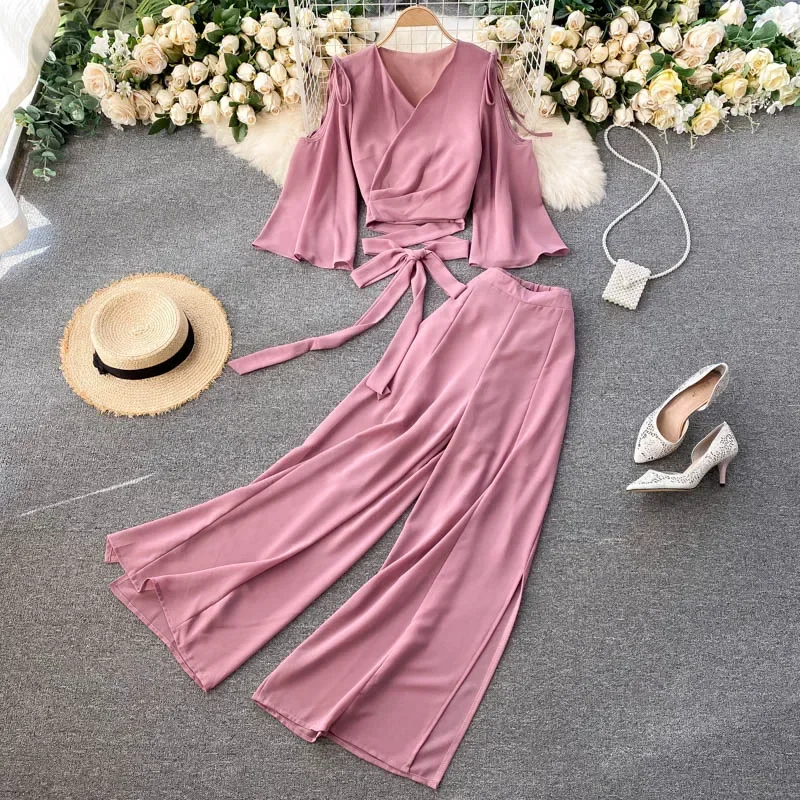 Summer Women's Suit Korean Retro Solid Color V-neck Tie Shirt + High Waist Split Wide Leg Pants Two-piece New Female Sets LH565