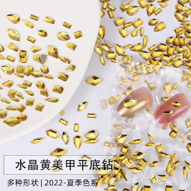 100/500pcs Golden Yellow Boutique Flat bottom nail art rhinestones Glass crystal 3D nail decoration Multiple shapes wholesale