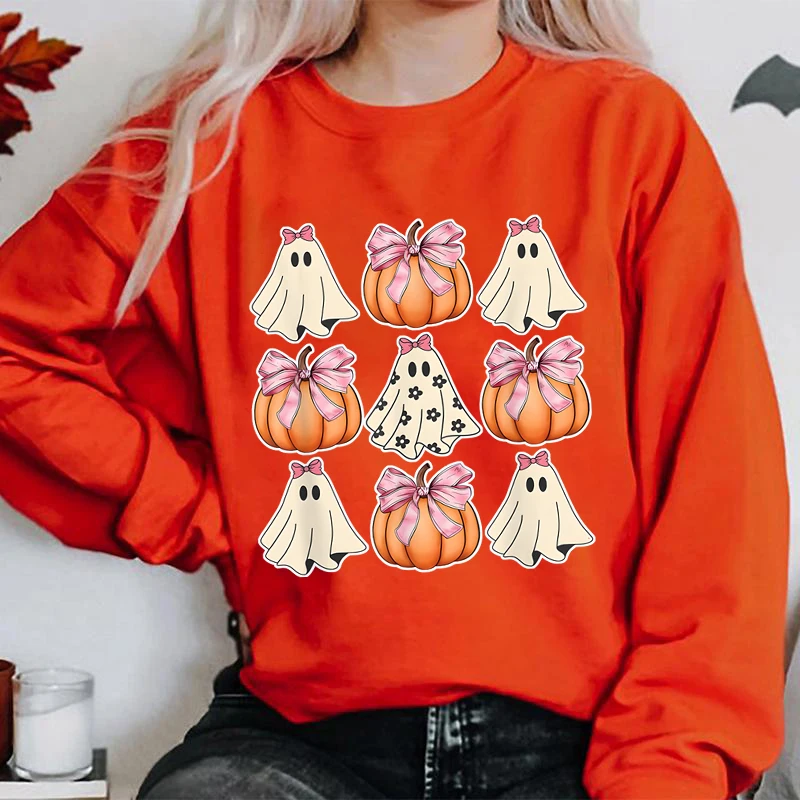 Halloween Sweatshirt hantu labu seram untuk wanita atasan Pullover bertudung leher bulat longgar kasual musim gugur dan musim dingin