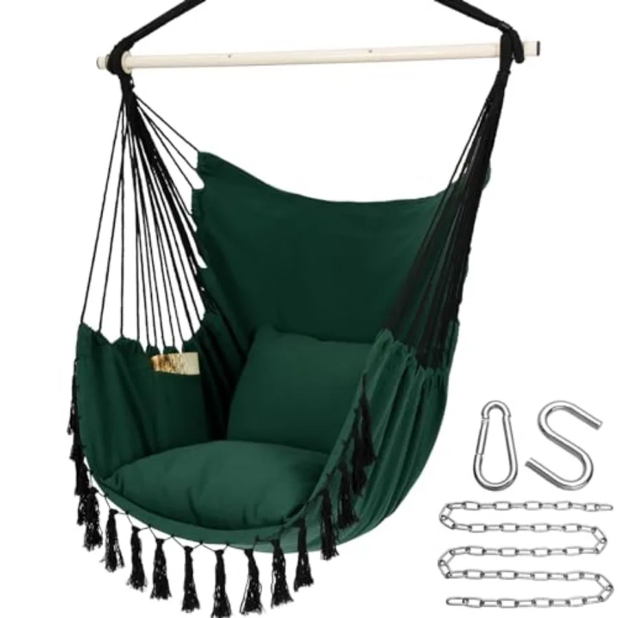 

Hammock Chair Hanging Rope Swing Max 500 Lbs 2 Cushions Included Large Macrame Hanging Chair with Pocket for Superior Comfort w