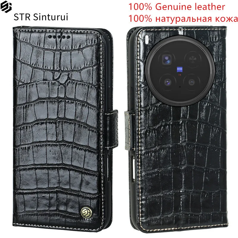 

STR Genuine leather crocodile grain card Slot Wallet Cover For vivo X200 Ultra X300 Pro X200s Flip Fall prevention phone Case