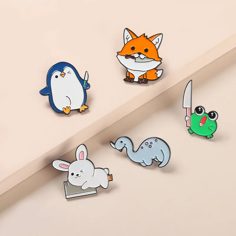 Cute Cartoon Knife Animal Alloy Enamel Brooch Creative Fox Rabbit Frog Metal Badges Trendy Backpack Accessories Jewelry Gifts