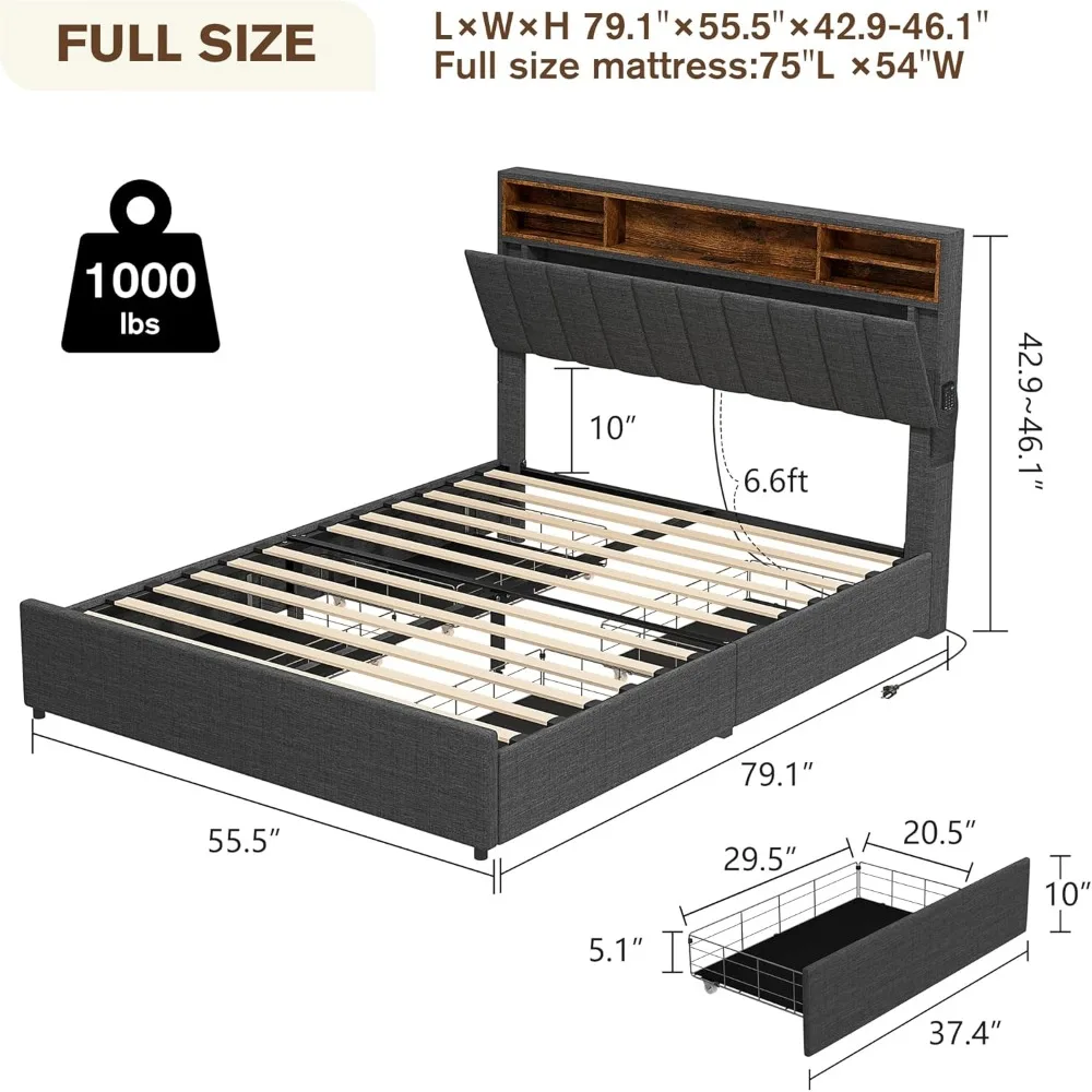 Bed Frame with Tall Bookcase Headboard and Charging Station, LED Bed Frame with 4 Storage Drawers, Upholstered Platform Bed