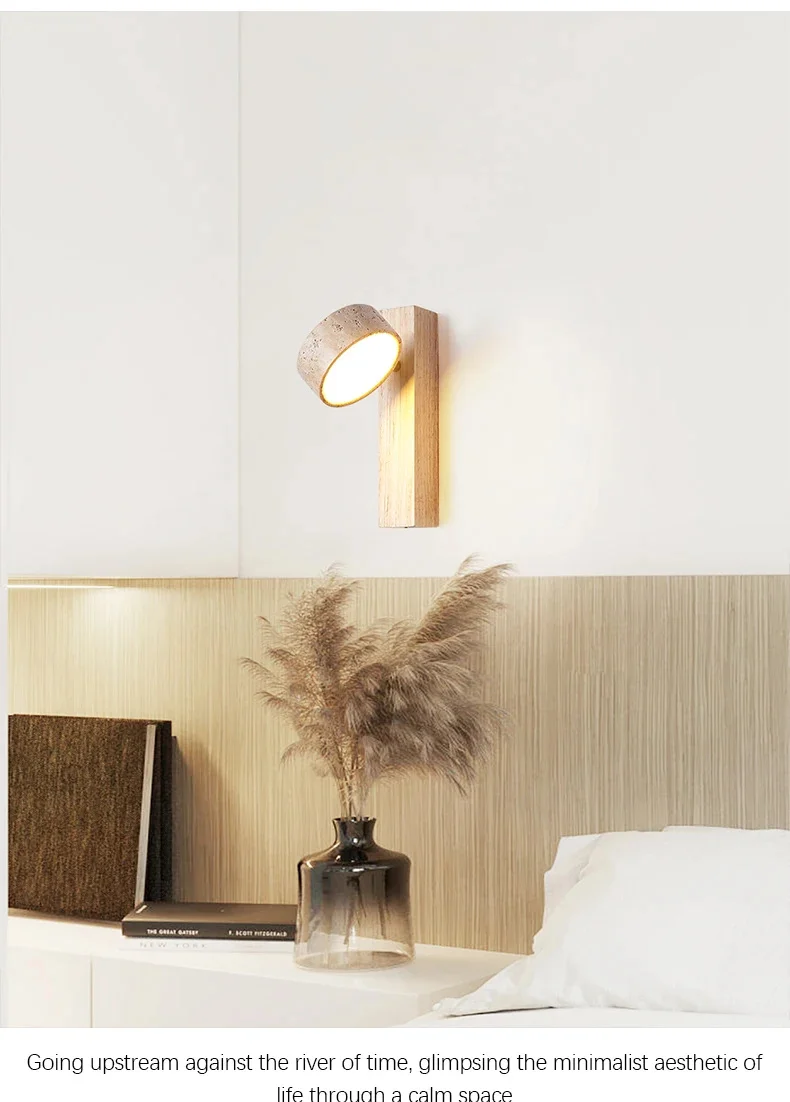 Wandleuchte im Wabi Sabi-Stil, natürlicher gelber Travertinstein, drehbar, mit Zugkettenschalter, LED-Nussbaumholz-Dekorleuchte für Schlafzimmer – Detail 11