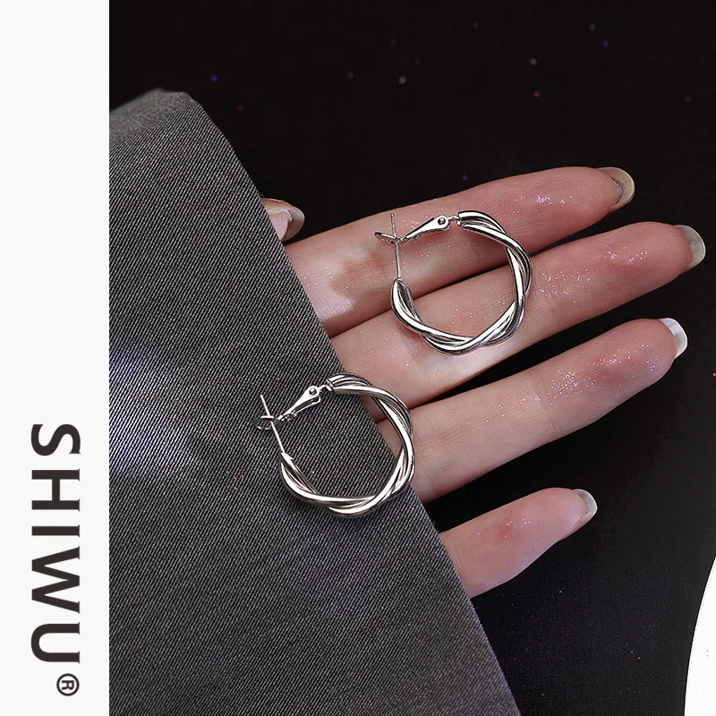Hoop Earrings Wire Twisted Silver Post Oversized Plain Minimalist Unique Chic Modern Daily Jewelry for Women