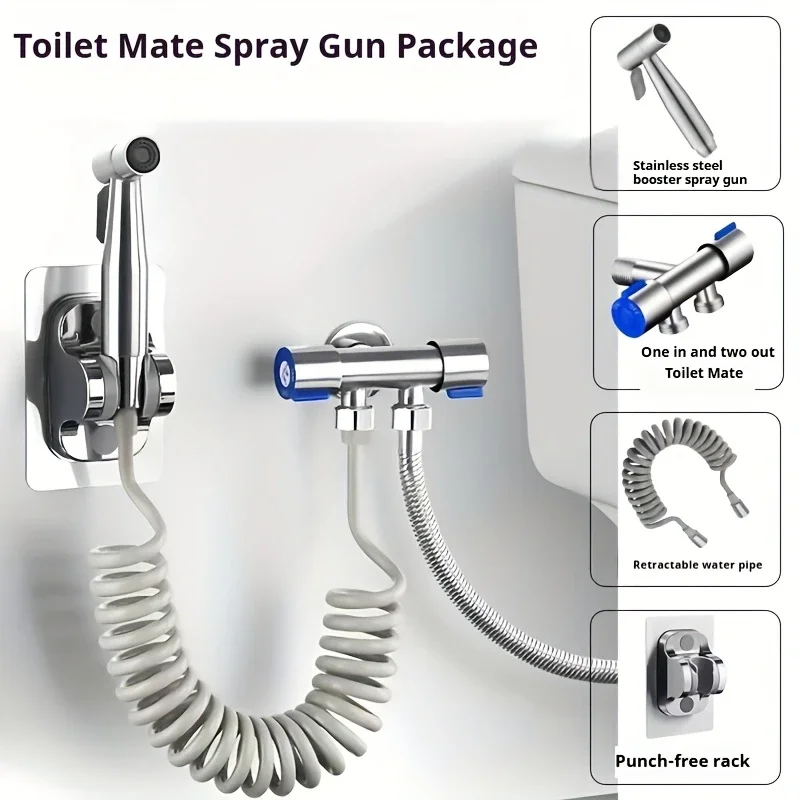 

High-Pressure Handheld Shower Kit - Stainless Steel Bathroom Cleaning Gun with Self-Cleaning Toilet/Shower