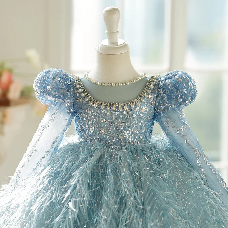 2024 Long sleeves Girls Princess drill Pearl sequins blue Children backless Wedding Gown Kids Dresses baby Birthday Party Dress