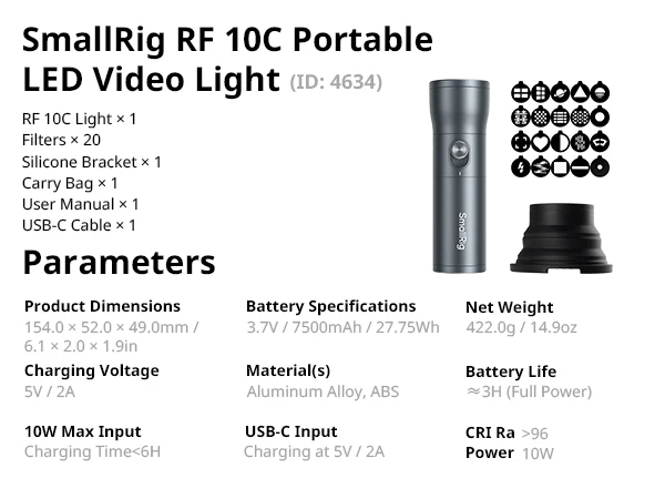 SmallRig RF 10C RGB LED Video Light Photography Flashlight 7500mAh Alloy Patterned Light 4-Color Fill Light with 20 Patterned