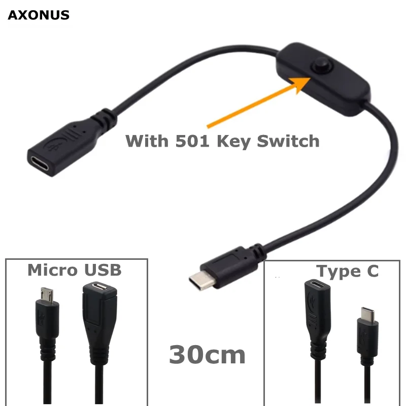 For Mobile Computer 3A 22AWG Copper 30V Micro USB Type-c Power Male to Female Extension Cable with 501 Key Switch Controller