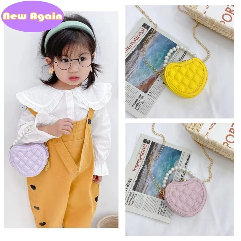 Baby girls lovely  pearl shoulder bags Children's Fashion heart crossbody Bags Toddlers Small Coin purses Kid's chain Bag NA052