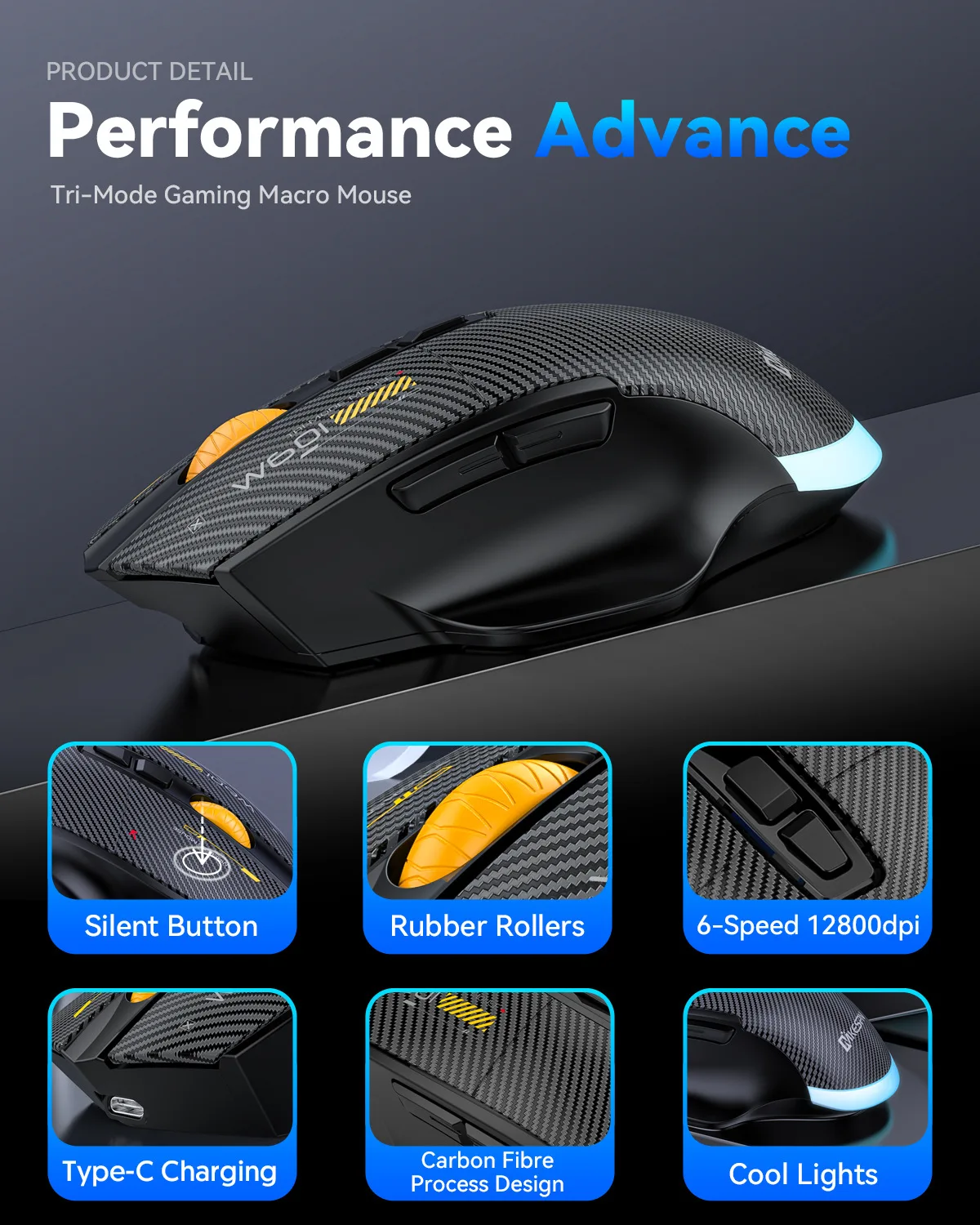 MKESPN Wireless 2.4G Bluetooth 3 Modes Connect Mouse 12800DPI Adjust Macro RGB Gaming Mouse Programmable 500 mAh Rechargeable