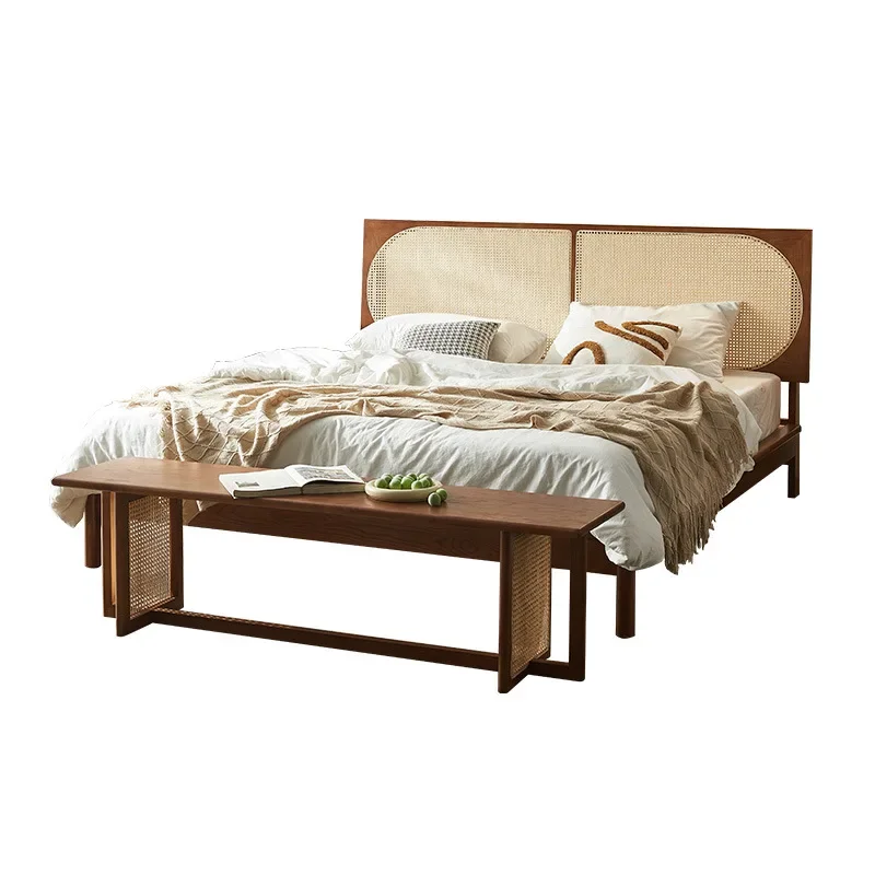 

Japanese-style solid wood bed and breakfast hotel wabi-sabi double retro rattan bed 1.51.8 meters small apartment master