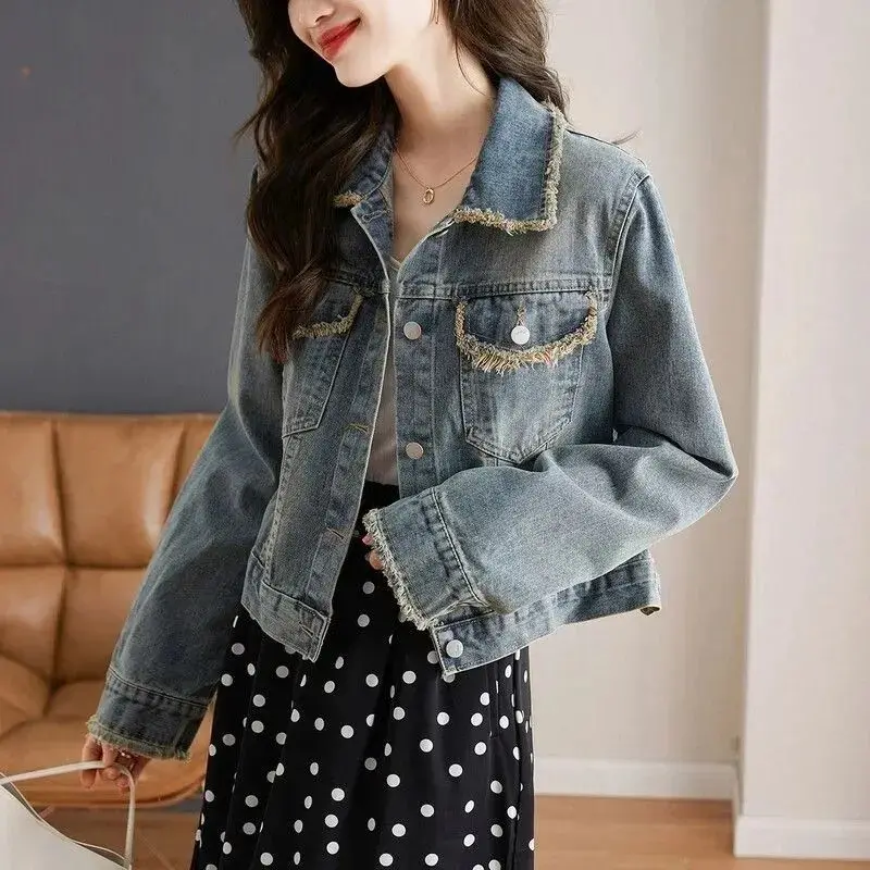 Retro Denim Short Jacket For Women Casual Tassel Long Sleeve Jeans Coats Streetwear Single Breasted Outwear