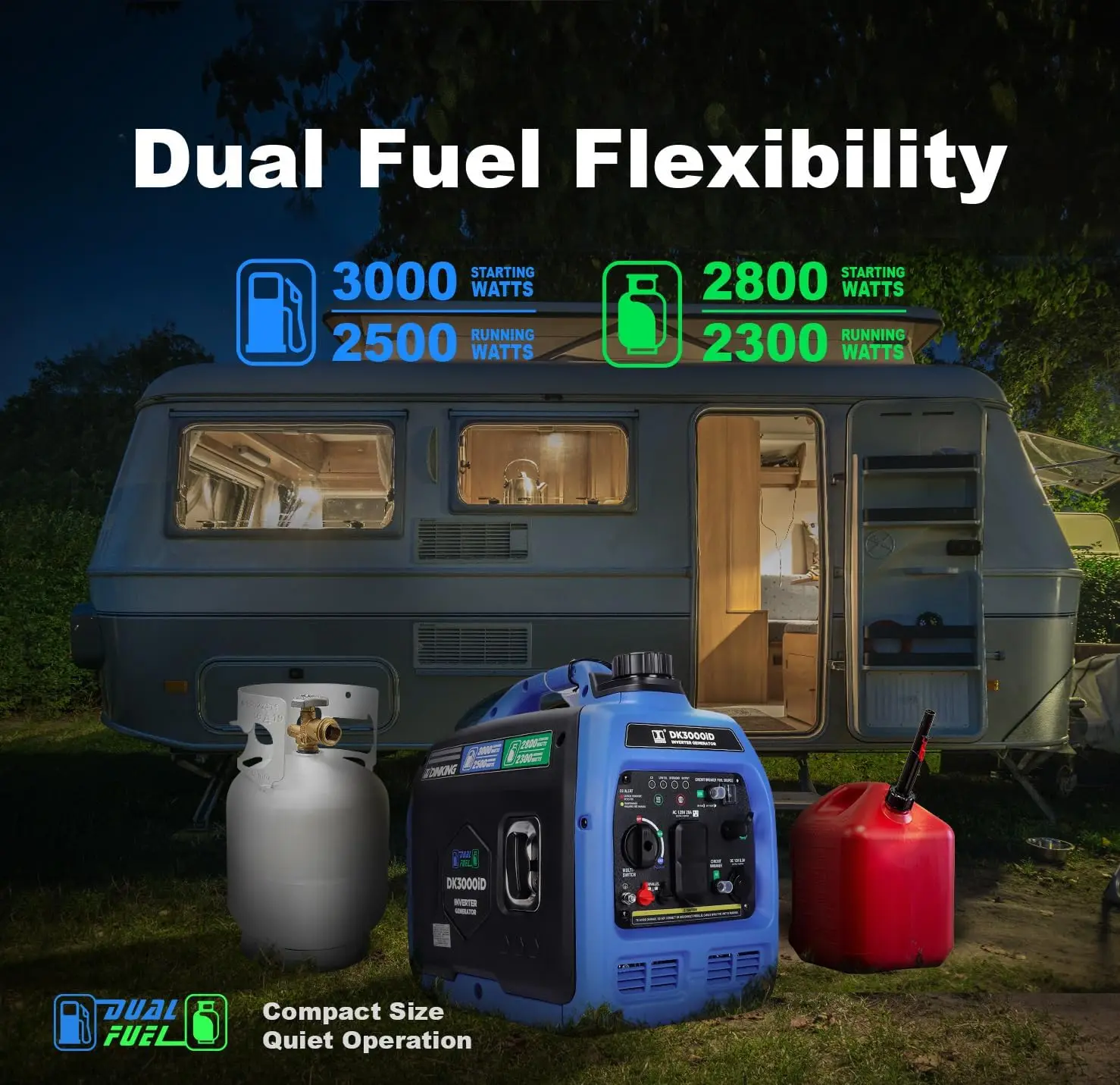 3000W Dual Fuel Inverter Generator, Gas LPG Powered, Quiet Lightweight, Parallel Ready, CO Alert, EPA Compliant, for RV Outdo