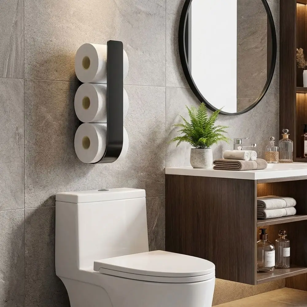 Wall-Mounted Toilet Paper Holder U Shaped Storage Hooks Tissue Storage Shelf Space-Saving Self-adhesive Toilet Roll Organizer