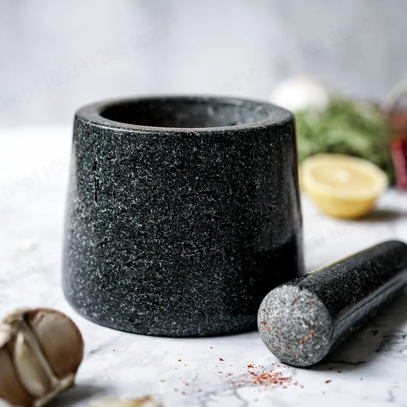 Natural Granite Mortar and Pestle Set Garlic Masher Spice Grinder Baby Food Crusher for Kitchen